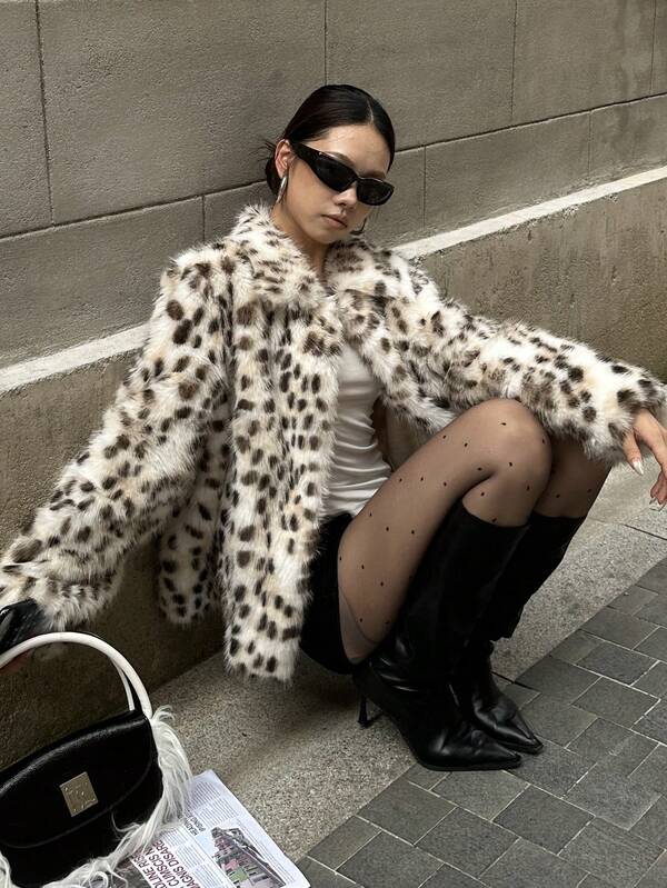 Modischer hochwertiger Leoparden-Muster Kunstfell Jacke, eleganter, locker sitzender Kunstfell Mantel mit Langarm, Kragen für Damen, luxuriös geeignet für den Alltag, Festivals, Partys