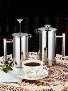 1PC 304 Stainless Steel French Press,Double-Laver Pour-Over Coffee Pot, Tea Brewing Pot, French Press Coffee Maker, Home And Outdoor Coffee Tool, Suitable For Home, Office,Camping,Travel, Afternoon Tea - Silver - View 3
