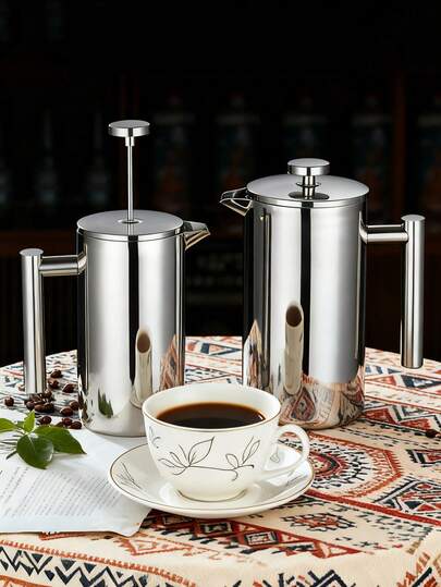 1pc 304 Stainless Steel French Press Coffee Maker, Double Layer Filter, Hand Drip Coffee Pot, Tea Pot, French Press Coffee Maker, Suitable For Home, Office, Camping, Travel, Afternoon Tea And Other Occasions