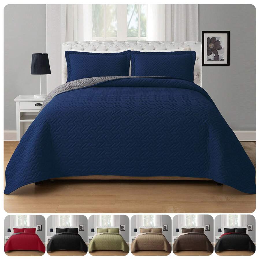 Elegant Comfort 3pcs Majestic Quilt Set Bedspreads, Ultra-Soft Comfortable Bedspread With 2 Pillow Shams Bedding, Machine Washable, Quilted Reversible Bedspread Coverlet Set, Full/Queen, King/California King And Twin/Twin XL Size Bed For All Seasons, Christmas Decorations Gifts, Cozy Winter Styles, Holiday Décor - 海軍藍/灰色 - 查看 1