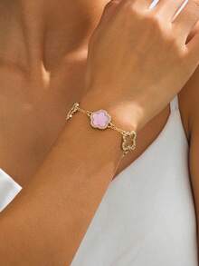 1pc Luxury Elegant Rhinestone Hollow Clover & Flower Charm Bracelet For Women (No Gift Box) - Pink - View 3