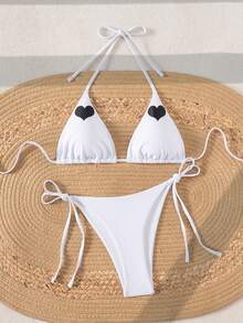Tropical Style Heart Print Bikini Set, High Elasticity Fabric Sexy Swimwear, European & American Cross-Border Supply - White - View 3