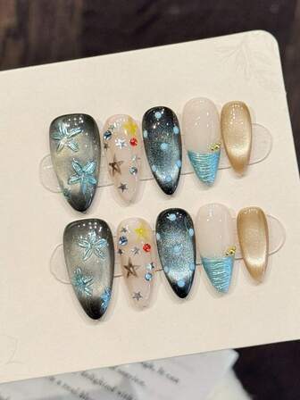 10 Pcs Luxury Handmade Press On Nails Medium Almond False Nails Brilliant Truth With 3 PiecesTool Adhesive Nail Glue Tabs Suitable For Girls And Ladies To Attend Parties.