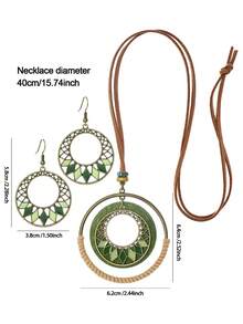 TopHanqi 3pcs Bohemian Style Antique Copper Tone Round Hollow Out Alloy Multicolored Rhombus Shaped Dripping Oil Pattern Layered Pendant Necklace & Earrings Set, Perfect For Ladies' Daily Life, Work, Travel, Street Snap, Theme Dress Up, Performance, Party All Seasons Wear, Fashionable Minimalist Design Exuding Personal Charm & Elegance - Multicolor - View 11