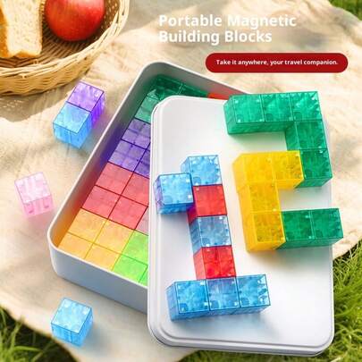 35/70pcs Portable Iron Box Early Education Toy Portable Iron Box Colorful Transparent Magnetic Building Blocks Mini Magnetic Toys Children Travel Set