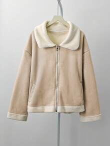 韩版仿毛领绒面抓绒外套，女款，拉链闭合，加厚保暖内衬，适合秋冬季穿着。 - 卡其色 - 查看 7