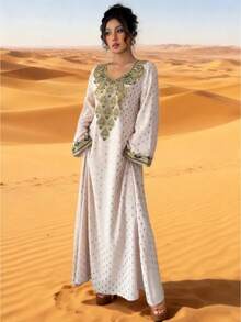 Women's V-Neck Embellished Flared Sleeve Flowy Dress ,Arabic Style Jalabiya Dresses For Women Casual , Spring/Summer, Arabian Dresses, Modest