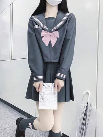 1pc Japanese Soft Girl School Uniform Style JK Outfit, Grey & Pink Sweet Girl Sailor Suit Long Sleeve Top + Skirt + Tie Set, Suitable For Class Uniform, Cosplay, 2D Anime Convention
