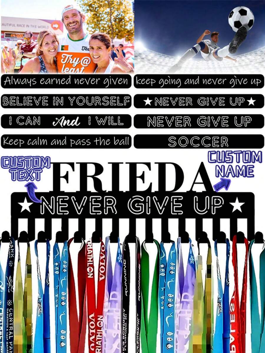 Individuell anpassbarer Text & Bild Trophäen Präsentationsständer - Geeignet für Athleten, Läufer und Sportbegeisterte - Medaillen Wandhalter, einfache Installation, Sportbekleidung, Medaillen Aufhänger - Verschiedenfarbig - Übersicht 1