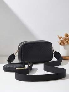 2pcs/Set Embossed Swan Decor Shoulder Crossbody Bag, Fashion Small Square Bag Charm & Coin Purse - Black - View 5