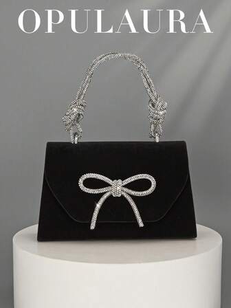 OpulAura Damväska med europeisk och amerikansk mode, svart sammet och klaff, glänsande elegant festkuvertväska med rosett och strassdekor, lyxig handväska för formell klänning, axelväska med kedja, lämplig för gala, fest, födelsedag, bröllop, brudaccessoar