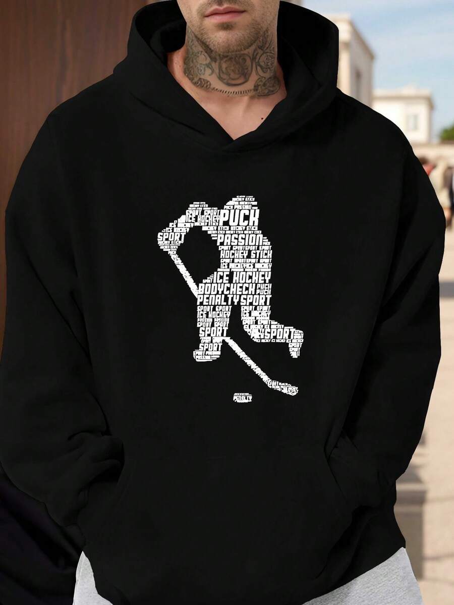 Men'S Fashionable And Casual Street Style Pullover, Black And White Ice Hockey Player Print Hooded Sweatshirt - Plush Thick Loose Style Suitable For Daily Wear And Gifts, Shipped Locally - 黑色 - 查看 1
