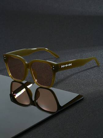 1 Pair Men's Rectangular Frame Casual Soundwave Blade Studded Decor Glasses, Suitable For Fashionable Outfits, Elegant Versatile, Ideal For Travel And Vacation, Making You The Street Style Focus