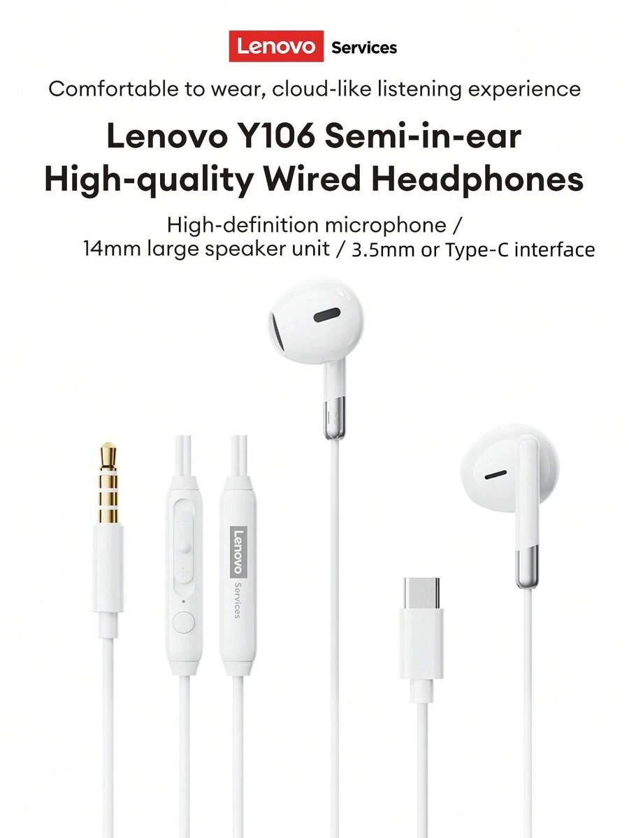 Tai nghe nhét tai có dây Lenovo Y106, Trình điều khiển động lớn Chất lượng âm thanh HIFI, Giao diện 3,5 mm hoặc Type-C, Micrô độ nét cao để gọi điện, Đeo thoải mái, Tai nghe có dây 1,2m tương thích với điện thoại thông minh, máy tính, máy chơi game - trắng - Xem 1