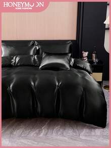2/3pcs Luxury Satin Bedding Set, Soft & Breathable, Wrinkle-Resistant, Improve Sleep Quality, Hotel Style, Gift For Parents & Friends, Includes 1 Duvet Cover & 1/2 Pillowcases, Luxurious Silk Material, Fits Twin, Full, Queen, King Beds, Oeko-Tex Certified, Black - Black - View 2
