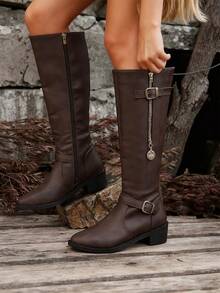 Motorradstiefel für Damen, spitze Zehenpartie, Blockabsatz, hoher Schaft, Leder, furchtloser Stil