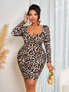 BIUBIU 加大码女式豹纹长袖性感迷你连衣裙，镂空扭曲纹理设计，秋季时尚服装 - 棕色 - 查看 1