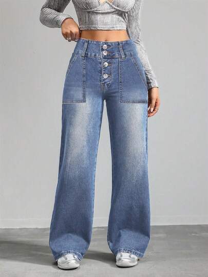 IDYLLIC Pantalones vaqueros largos de pierna ancha para mujer con cintura alta y cierre frontal con botones. Pantalones vaqueros azules informales.