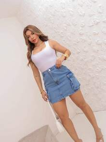 Women's Denim Skirt With Side Slits And Large Pockets 2021 Pengmoda2 - Medium Wash - View 5