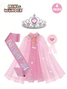 4 peças/3 peças/1 peça Conjunto de Festa de Aniversário, Coroa de Princesa Vestido Capa, Alça de Ombro da Aniversariante, Emblema de Peito da Aniversariante, Adequado Para Todas as Estações, Perfeito Para Festas de Aniversário de Meninas, Acessórios de Vestuário de Princesa Para Apresentação, Presentes Ideais Para Meninas
