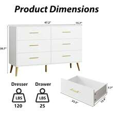BVFUKA White Dresser For Bedroom, 6 Drawer Dresser With Gold Metal Handles & Metal Legs, Wood Chests Of Drawers For Bedroom - 白色 - 查看 2
