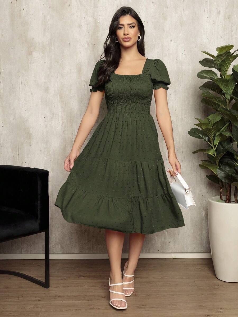 Women's Short Dress With Elasticated Puff Sleeves And Popcorn Detail - xanh quân đội - Xem 1