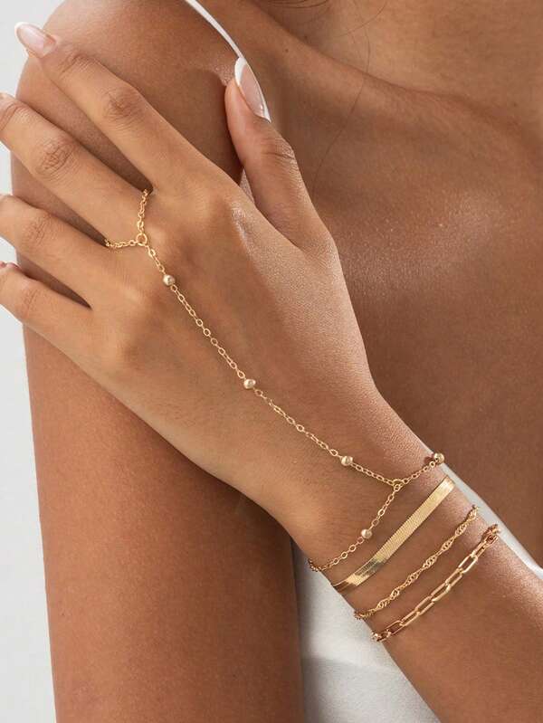 4pcs/Set Fashionable Ins Style Pearl Chain Rings & Metal Chain Knuckle Rings Multi-Functional Accessories Gift, Suitable For Women's Daily Outfit, Date, Evening Wear