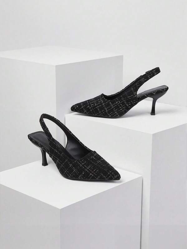 Tacones de aguja de tacón de gatito para mujer, sandalias de punta cerrada con elástico en la parte trasera