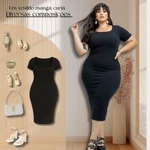 Plus Size Midi Dress With Fitted Waist And Short Sleeves - 黑色 - 查看 5