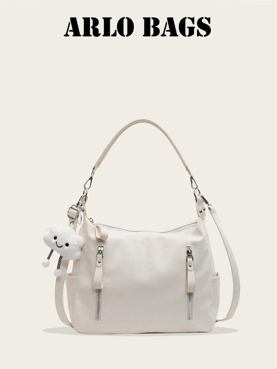 This Stylish And Minimalist Shoulder Bag Is Made Of PU Fabric And Features A Vertical Zipper And Decorative Charm. Its Fashionable And Simple Design Makes It Perfect For College Students, Commuters, Women, And Shopping Occasions. - Beige - View 1