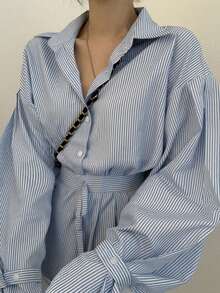 Women's Casual Unique Collar Striped Long Sleeve Loose Button-Up Blouse Shirt - Blue and White - View 5