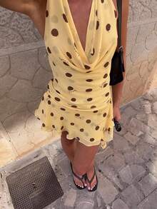 1pc Polka Dot All-Over Print Contrast Color Casual Elegant Bohemian Knit Fabric Twist Ruffle Hem Mini Dress, Suitable For Evening Date, Spring/Summer - Yellow - View 1