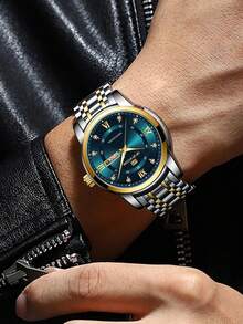 VA VA VOOM 1 件男士石英表 41 毫米经典奢华钻石日历时钟，绿色、蓝色、金色、银色、黑色不锈钢表盘，原装星期石英机芯，3 巴防水，商务风格，精美情侣表 - 藍色 - 查看 4