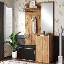 Compact Wardrobe With Mirror And Bench, Hallway Wardrobe With Shoe Rack And Hooks, Coat Rack, Compact Wardrobe, Hallway Furniture Set, Hallway Wardrobe With Wood Look - 1 - 查看 9