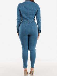 New Women's Stretch Single-Breasted Long-Sleeved Collared Classic Washed Denim Jumpsuit With A Slim Leg Opening. Machine Washable And Suitable For Everyday Wear. - Màu xanh lam - Xem 4