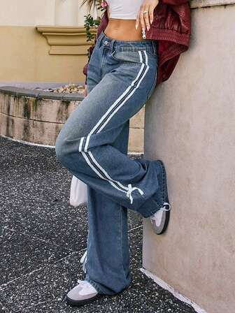 少女纯色优雅休闲无弹力水洗牛仔裤，适合日常穿着、派对穿着、返校穿着、外出就餐穿着、购物穿着