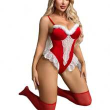 1 Set Christmas Roleplay Costume, Christmas Outfit, Valentine's Day Sexy Outfit, White Lace Patchwork Sexy Lingerie Set - Red - View 5