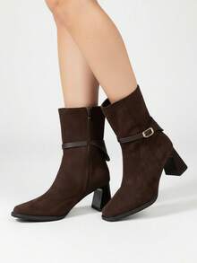Maillard Brown High Heel Boots, Slimming, Stylish, High-End, Retro Square Toe Ankle Boots For Women, Chunky Heel, Autumn/Winter - Brown - View 4