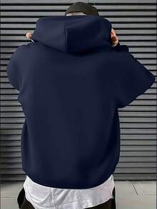 Men's Casual Street Style NYC Slogan Print Pocket Drawstring Hoodie, Spring/Autumn - Navy Blue - View 2