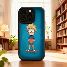 Cubierta de teléfono con diseño de niño sobre patineta sosteniendo corazón azul para uso diario en interiores y exteriores Aplicable a teléfonos Apple y Galaxy. - Negro - Ver 2