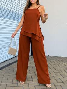 EMILI LU RUN2 Women's Set Fernanda Asymmetrical Blouse And Wide-Leg Pants White - 鏽棕色 - 查看 1