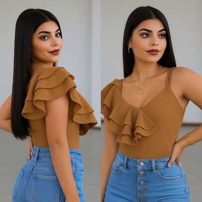 Bodysuit de olanes en el hombro, ajustado, elegante, sexy y asimétrico