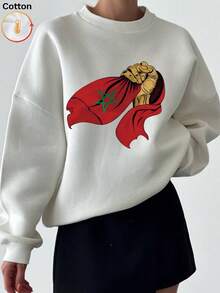 Blusa feminina de gola redonda, com forro de lã grossa e quente para outono e inverno. Blusa super grossa com estampa de cachecol vermelho feita à mão, ideal para estilos europeu/retrô/streetwear/preppy. Blusa feminina de cor sólida, manga longa, perfeita para o frio, looks de férias, looks para casais, looks para festas e como peça básica. - Branco** - Ver 2