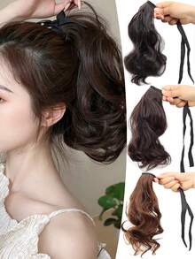 Ponytail Extension 12 Inch Strap Style Heat Resistant Wavy Synthetic Fiber Wrap Around Ponytail Hairpiece For Daily Use(Brown) - Multicolor - View 3