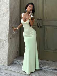 Đầm đuôi cá màu trơn thanh lịch, gợi cảm dự tiệc - Màu xanh Ô liu - Xem 4