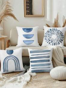 4pcs Abstract Art Geometric Throw Pillow Covers, Soft Plush Blue & White Decorative Cushion Covers, Zippered, Hand Washable - Ideal For Modern Farmhouse Living Room, Sofa, Bedroom Decor - No Inserts, Decorative Pillows - Blue - View 13