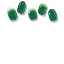 Semi - Cured Gel Nail Strips, 20Pcs Dark Green Glitter Gradient Real Gel Nail Polish Sticker Waterproof Long - Lasting Gel Nail Polish Strips With Nail File And Stick/ Lamp Required - 綠色漸層閃光 - 查看 1