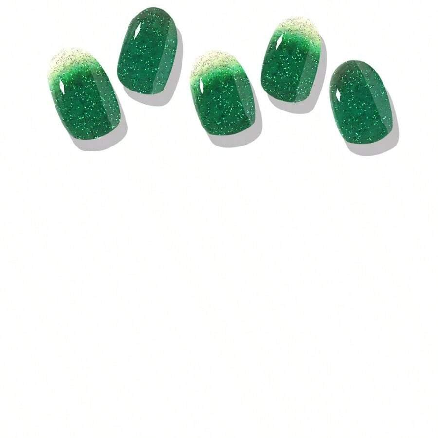 Semi - Cured Gel Nail Strips, 20Pcs Dark Green Glitter Gradient Real Gel Nail Polish Sticker Waterproof Long - Lasting Gel Nail Polish Strips With Nail File And Stick/ Lamp Required - 綠色漸層閃光 - 查看 1