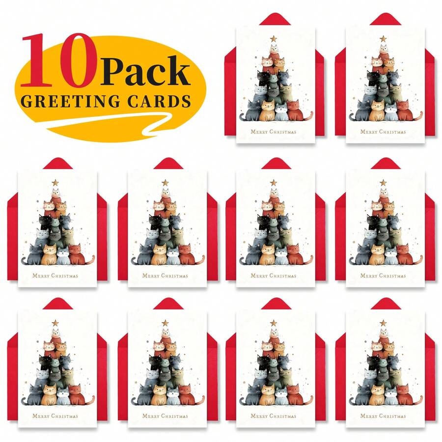 10 Christmas Greeting Cards With Envelopes, Cards With Fun Animals And Words, Handwritten Messages And Foldable Cards - Khaki - View 1