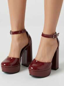 Zapatillas altas para mujer, tacón alto ancho, cerradas, con correa tobillo, punta redonda, para eventos, fiestas, bodas, cómodas, hebilla redonda. Primavera-Verano - Vino - Ver 5
